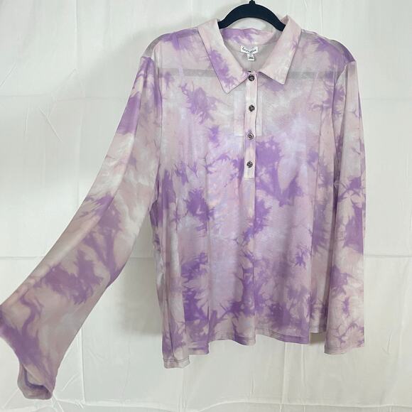 Love Fire 2X Purple Tie Dye Sheer Mesh Polo Blouse w/ Cami Layered Y2K Trendy - Picture 12 of 16